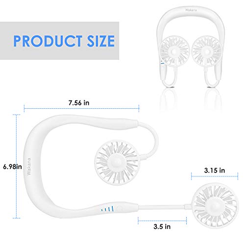 Wakana Ventilador Portatil, Ventilador Cuello, Diseño de Auriculares, USB Recargable Mini Ventilador de Manos Libres, 3 velocidades, luz LED, para Mascotas Viajes Interior Exterior-Blanco