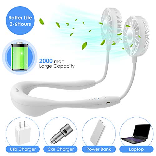 Wakana Ventilador Portatil, Ventilador Cuello, Diseño de Auriculares, USB Recargable Mini Ventilador de Manos Libres, 3 velocidades, luz LED, para Mascotas Viajes Interior Exterior-Blanco