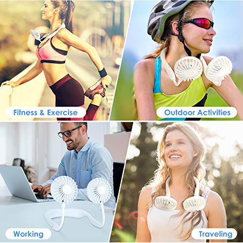 Wakana Ventilador Portatil, Ventilador Cuello, Diseño de Auriculares, USB Recargable Mini Ventilador de Manos Libres, 3 velocidades, luz LED, para Mascotas Viajes Interior Exterior-Blanco
