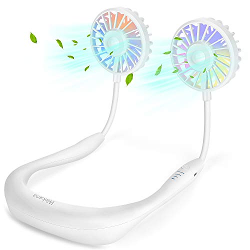 Wakana Ventilador Portatil, Ventilador Cuello, Diseño de Auriculares, USB Recargable Mini Ventilador de Manos Libres, 3 velocidades, luz LED, para Mascotas Viajes Interior Exterior-Blanco