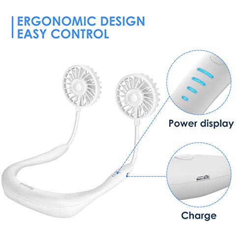 Wakana Ventilador Portatil, Ventilador Cuello, Diseño de Auriculares, USB Recargable Mini Ventilador de Manos Libres, 3 velocidades, luz LED, para Mascotas Viajes Interior Exterior-Blanco