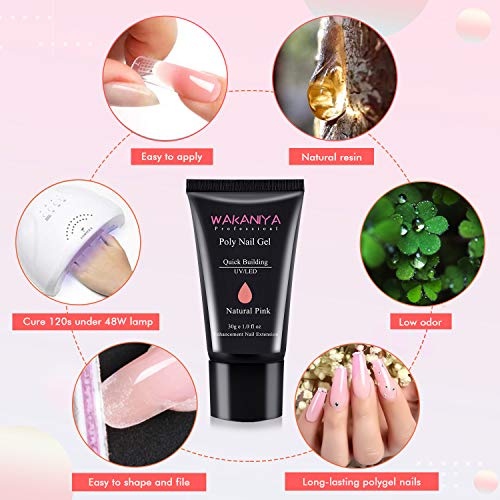 Wakaniya Polygel Kit Completo 30ml Poligel Uñas Extension Construcción Rápida Set Claro Blanco Rosado Colores Principiante Amigable con UV Capa Superior Base 100Pcs Moldes Lima de Nail Espátula