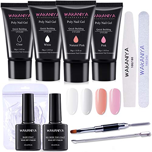 Wakaniya Polygel Kit Completo 30ml Poligel Uñas Extension Construcción Rápida Set Claro Blanco Rosado Colores Principiante Amigable con UV Capa Superior Base 100Pcs Moldes Lima de Nail Espátula