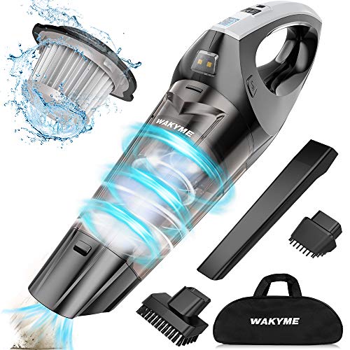 WAKYME Aspiradora de Mano, 9KPA Aspirador Mano Sin Cable Potente, Carga rápida Aspiradoras en Seco y Húmedo, Luz LED, Batería de 2500mAh, Completo para Oficina Hogar y Coche