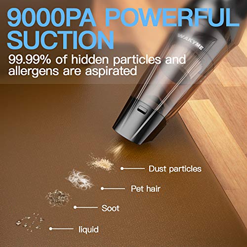 WAKYME Aspiradora de Mano, 9KPA Aspirador Mano Sin Cable Potente, Carga rápida Aspiradoras en Seco y Húmedo, Luz LED, Batería de 2500mAh, Completo para Oficina Hogar y Coche