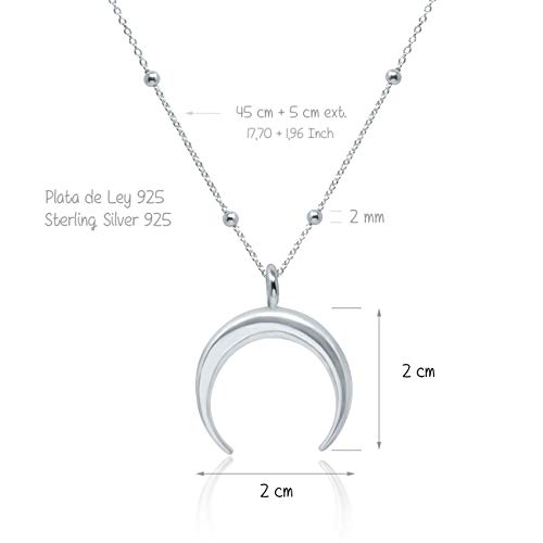WANDA PLATA Colgante Media Luna Invertida para Mujer en Plata de Ley 925, Collar Cuerno, Gargantilla en Forma de Luna Creciente, Joyas de Moda Joven en Caja de Regalo