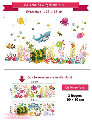 WandSticker4U- Pegatina Pared Mundo Submarino baúl del tesoro, multicolor | peces tiburón Mar Océano Acuario | adhesivo decorativo para habitación infantil niños sala de baño cuarto de baño