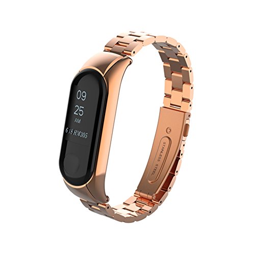 WANFEI Pulsera Xiaomi Mi Band 3 Correa, Band 3 Correa de Metal Pulseras de Repuesto Correa de Recambio Brazalete Extensibles para Xiaomi Mi Band 3 (No Sensor/No Host) (Oro Rosa)