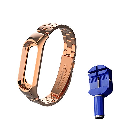 WANFEI Pulsera Xiaomi Mi Band 3 Correa, Band 3 Correa de Metal Pulseras de Repuesto Correa de Recambio Brazalete Extensibles para Xiaomi Mi Band 3 (No Sensor/No Host) (Oro Rosa)