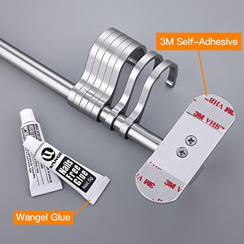 Wangel Adhesivo 7 Gancho Barra Soportes y Organizadores para Utensilios de Cocina, Pegamento Patentado + Autoadhesivo, Aluminio, Acabado Mate, 40CM