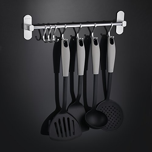 Wangel Adhesivo 7 Gancho Barra Soportes y Organizadores para Utensilios de Cocina, Pegamento Patentado + Autoadhesivo, Aluminio, Acabado Mate, 40CM