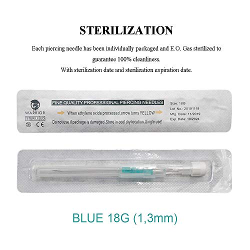 WARRIOR Agujas de cánula estériles Agujas de perforación corporal Accesorio para tatuaje (10 piezas/caja, azul 18G 1,3 mm)