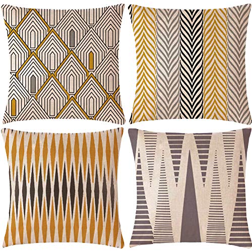 WAZA Set de 4PCS Funda de Cojín Suave Funda de Almohada Cuadrado Throw Pillow Case Decoración para Sofá Cama Hogar Estilo Simple Clásico 45x45cm (Geometría Amarilla)