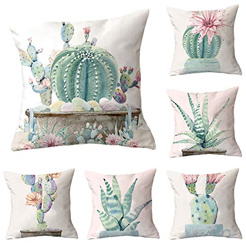 WAZA Set de 6PCS Funda de Cojín Suave Funda de Almohada Cuadrado Throw Pillow Case Decoración para Sofá Cama Hogar Coche Estilo Clásico Simple 45x45cm (Cactus Verde)