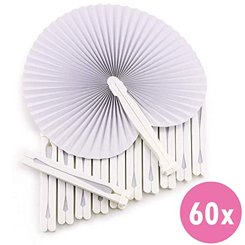 WeddingTree ® 60 x Abanicos de Bolsillo - Papel Blanco abatible - Paipai - Diversión en la decoración para los más Grandes y pequeños - Regalo para Invitados en Boda, Fiesta, Bailes de Flamenco.