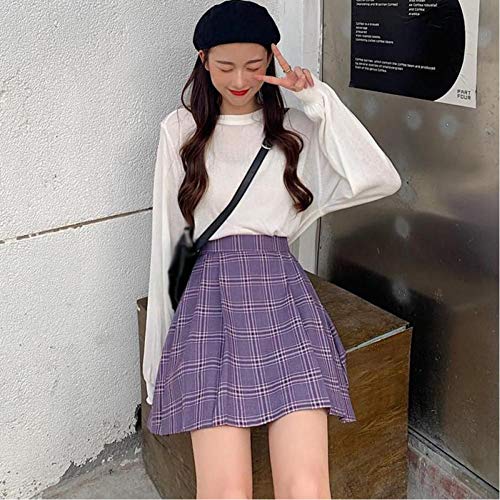 WEDFGX Falda de Tela Escocesa púrpura Falda Corta de Moda de Estudiante Femenina Minifalda Informal de Moda Falda Plisada de una línea de Verano