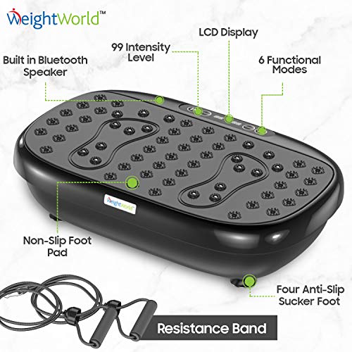 WeightWorld Plataforma Vibratoria Fitness - Máquina de Ejercicio y Masajes, Entrenamiento en Casa, con Altavoz Bluetooth, Mando a Distancia, Bandas Entrenamiento y Gomas Elasticas Fitness, 99 Niveles