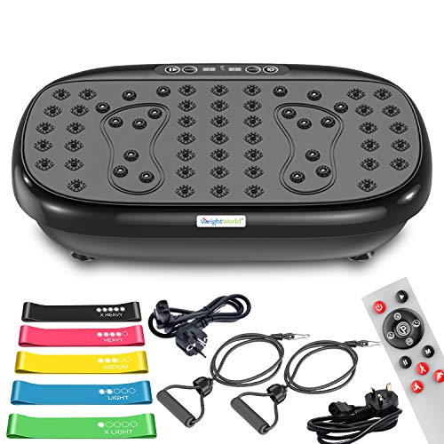WeightWorld Plataforma Vibratoria Fitness - Máquina de Ejercicio y Masajes, Entrenamiento en Casa, con Altavoz Bluetooth, Mando a Distancia, Bandas Entrenamiento y Gomas Elasticas Fitness, 99 Niveles