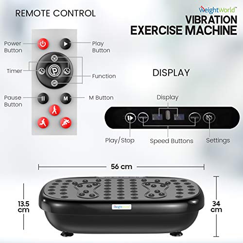 WeightWorld Plataforma Vibratoria Fitness - Máquina de Ejercicio y Masajes, Entrenamiento en Casa, con Altavoz Bluetooth, Mando a Distancia, Bandas Entrenamiento y Gomas Elasticas Fitness, 99 Niveles