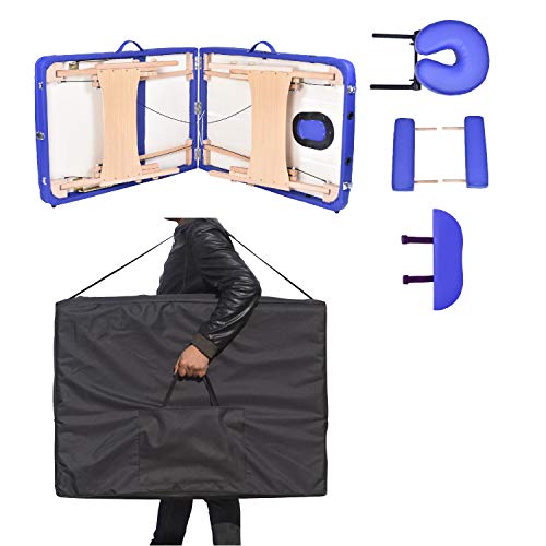 Wellhome Mesa de Masaje de 2 Secciones Madera Camilla Cama Portatil Plegable Ligera Camillas Masajes de Profesional Altura Ajustable Reiki con Reposacabezas, Apoyabrazos, Bolsa de transporte (Azul)