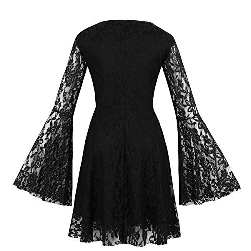 Wellwits Vestido retro vintage de encaje con mangas acampanadas, estilo gótico de los años 40 y 50 - Negro - 44