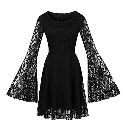 Wellwits Vestido retro vintage de encaje con mangas acampanadas, estilo gótico de los años 40 y 50 - Negro - 44