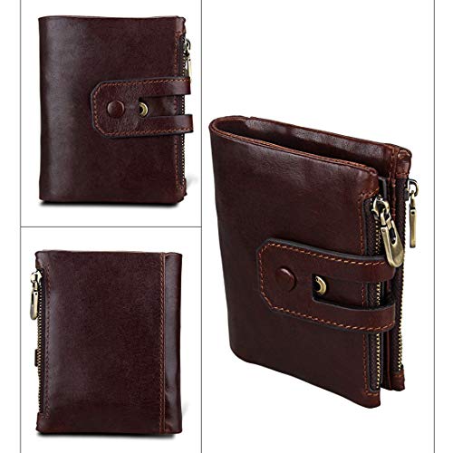 Wennew Cartera Corta Hombre y rueca combinada Cuero Multifuncional RFID magnético Skimming prevención Cremallera Plegado Plegado Mini Billetera (Color : Marrón)