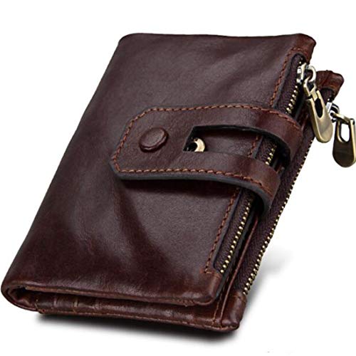 Wennew Cartera Corta Hombre y rueca combinada Cuero Multifuncional RFID magnético Skimming prevención Cremallera Plegado Plegado Mini Billetera (Color : Marrón)