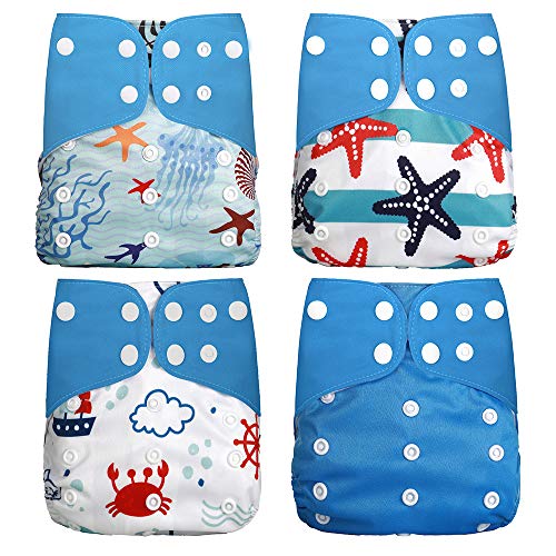 Wenosda 4PCS Pañales de tela para bebés Pañales de bolsillo Pañales reutilizables lavables Inserte el pañal de bolsillo todo de los bebés y niños(Algas + Estrella de mar + Cangrejo + Azul)