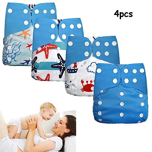 Wenosda 4PCS Pañales de tela para bebés Pañales de bolsillo Pañales reutilizables lavables Inserte el pañal de bolsillo todo de los bebés y niños(Algas + Estrella de mar + Cangrejo + Azul)