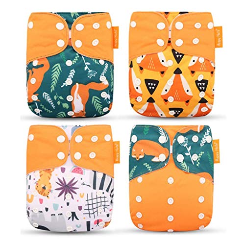 Wenosda 4PCS Pañales de tela para bebés Pañales de bolsillo Pañales reutilizables lavables todo en uno para la mayoría de los bebés y niños pequeños(Amarillo Cielo Azul Ola)