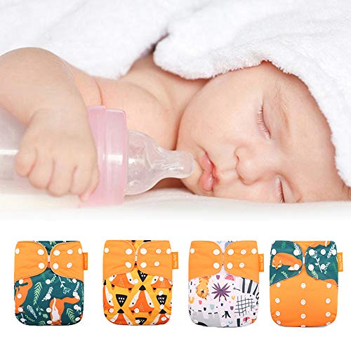 Wenosda 4PCS Pañales de tela para bebés Pañales de bolsillo Pañales reutilizables lavables todo en uno para la mayoría de los bebés y niños pequeños(Amarillo Cielo Azul Ola)