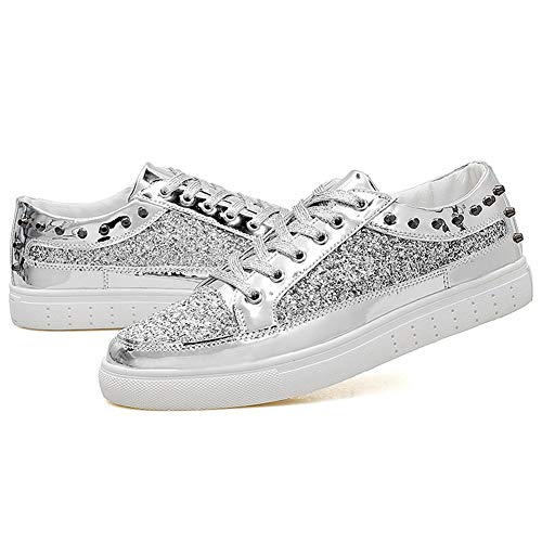 WENQU Zapatos Deportivos cómodos for Hombres Zapatos Deportivos de Moda con Cordones Estilo Espejo PU Cuero Transpirable Punta Redonda Revit Decor (Color : Sliver, tamaño : 44 EU)