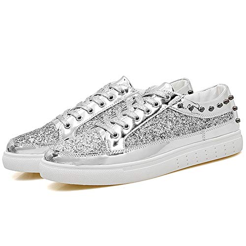 WENQU Zapatos Deportivos cómodos for Hombres Zapatos Deportivos de Moda con Cordones Estilo Espejo PU Cuero Transpirable Punta Redonda Revit Decor (Color : Sliver, tamaño : 44 EU)