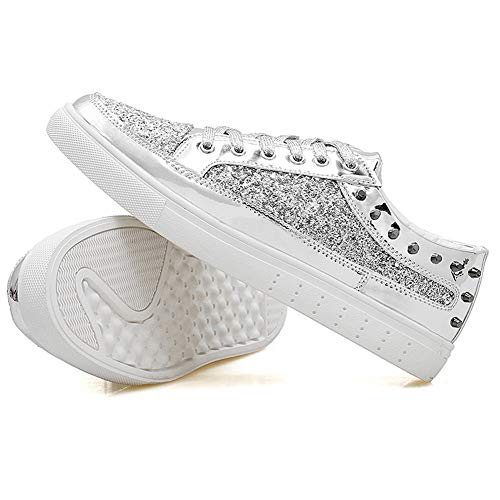 WENQU Zapatos Deportivos cómodos for Hombres Zapatos Deportivos de Moda con Cordones Estilo Espejo PU Cuero Transpirable Punta Redonda Revit Decor (Color : Sliver, tamaño : 44 EU)