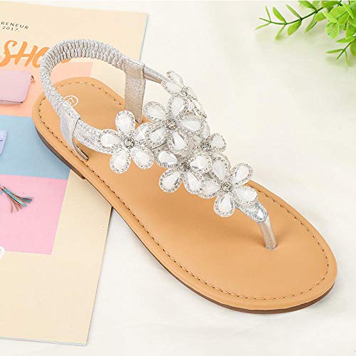 WENSISTAR Sandalias de Ancho Ancho para Mujeres，Sandalias Planas de pedrería con Flores para Mujer de Verano @ Oro pálido, 36，Sandalias de Plataforma cómodas para Mujer