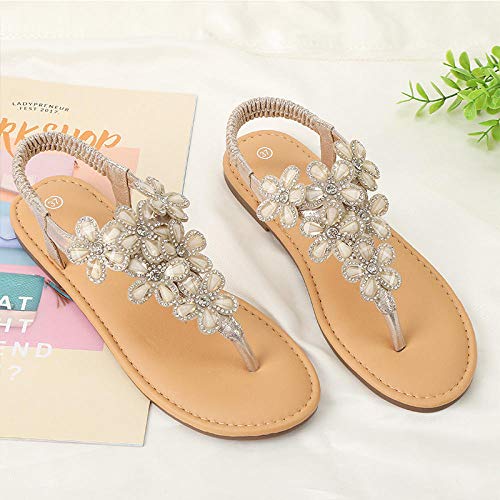 WENSISTAR Sandalias de Ancho Ancho para Mujeres，Sandalias Planas de pedrería con Flores para Mujer de Verano @ Oro pálido, 36，Sandalias de Plataforma cómodas para Mujer