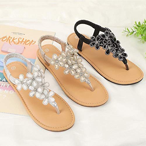 WENSISTAR Sandalias de Ancho Ancho para Mujeres，Sandalias Planas de pedrería con Flores para Mujer de Verano @ Oro pálido, 36，Sandalias de Plataforma cómodas para Mujer