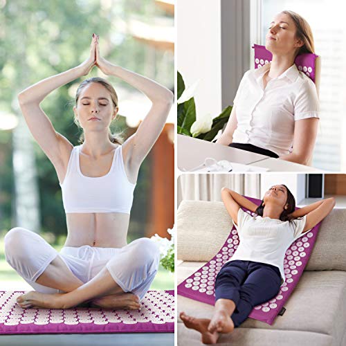 WEWILL Esterilla Acupresion Kit con Almohda y Bolsa para Acupuntura y Moxibustión Yoga Mat Masajeador de Acupresión Mat,Púrpura