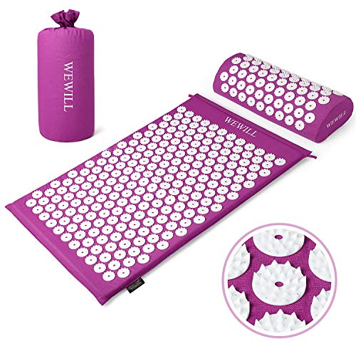 WEWILL Esterilla Acupresion Kit con Almohda y Bolsa para Acupuntura y Moxibustión Yoga Mat Masajeador de Acupresión Mat,Púrpura