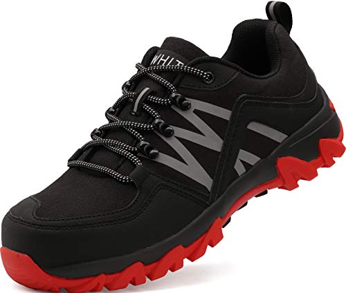 WHITIN Zapatos de Seguridad Hombres Zapatillas de Trabajo con Punta de Acero Ultra Liviano Reflectivo Anti-Deslizante Transpirable Zapatos de Industriay Construcción Negro Rojo 41 EU