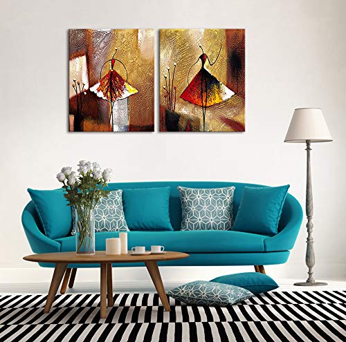 Wieco Art - Pinturas al óleo sobre lienzo para colgar, 2 unidades, 100 % pintadas a mano, diseño abstracto de bailarinas