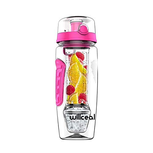 willceal Infusor de Frutas Botella de Agua de 32 oz,Durable con Bola de Gel de Hielo Desmontable, Grande - Tritan Libre de BPA, Tapa abatible, diseño a Prueba de Fugas - Deportes, Camping (Rosado)