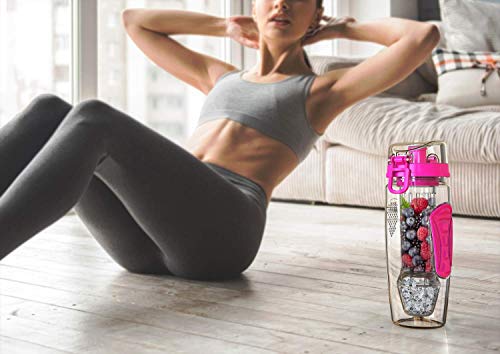 willceal Infusor de Frutas Botella de Agua de 32 oz,Durable con Bola de Gel de Hielo Desmontable, Grande - Tritan Libre de BPA, Tapa abatible, diseño a Prueba de Fugas - Deportes, Camping (Rosado)