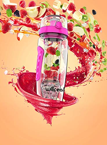 willceal Infusor de Frutas Botella de Agua de 32 oz,Durable con Bola de Gel de Hielo Desmontable, Grande - Tritan Libre de BPA, Tapa abatible, diseño a Prueba de Fugas - Deportes, Camping (Rosado)