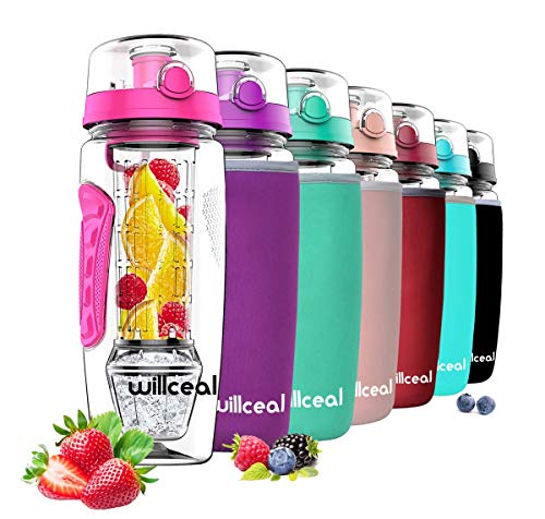 willceal Infusor de Frutas Botella de Agua de 32 oz,Durable con Bola de Gel de Hielo Desmontable, Grande - Tritan Libre de BPA, Tapa abatible, diseño a Prueba de Fugas - Deportes, Camping (Rosado)