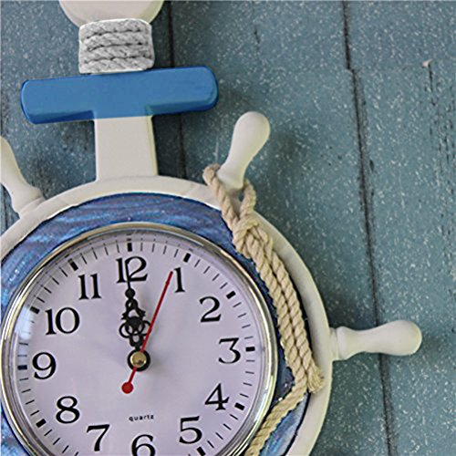WINOMO - Reloj de ancla estilo mediterráneo para playa, tema náutico de la nave de la nave timón de la rueda de la rueda del volante decoración colgante de pared