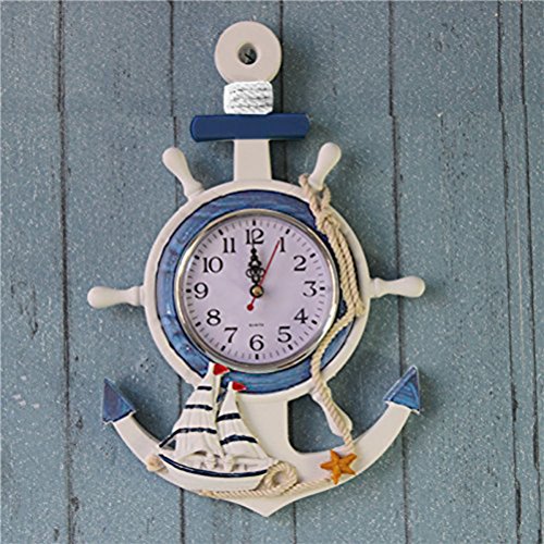 WINOMO - Reloj de ancla estilo mediterráneo para playa, tema náutico de la nave de la nave timón de la rueda de la rueda del volante decoración colgante de pared