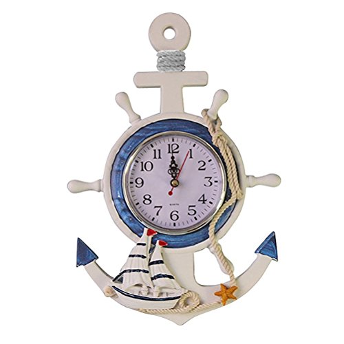 WINOMO - Reloj de ancla estilo mediterráneo para playa, tema náutico de la nave de la nave timón de la rueda de la rueda del volante decoración colgante de pared