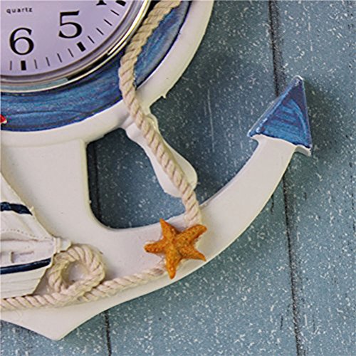 WINOMO - Reloj de ancla estilo mediterráneo para playa, tema náutico de la nave de la nave timón de la rueda de la rueda del volante decoración colgante de pared
